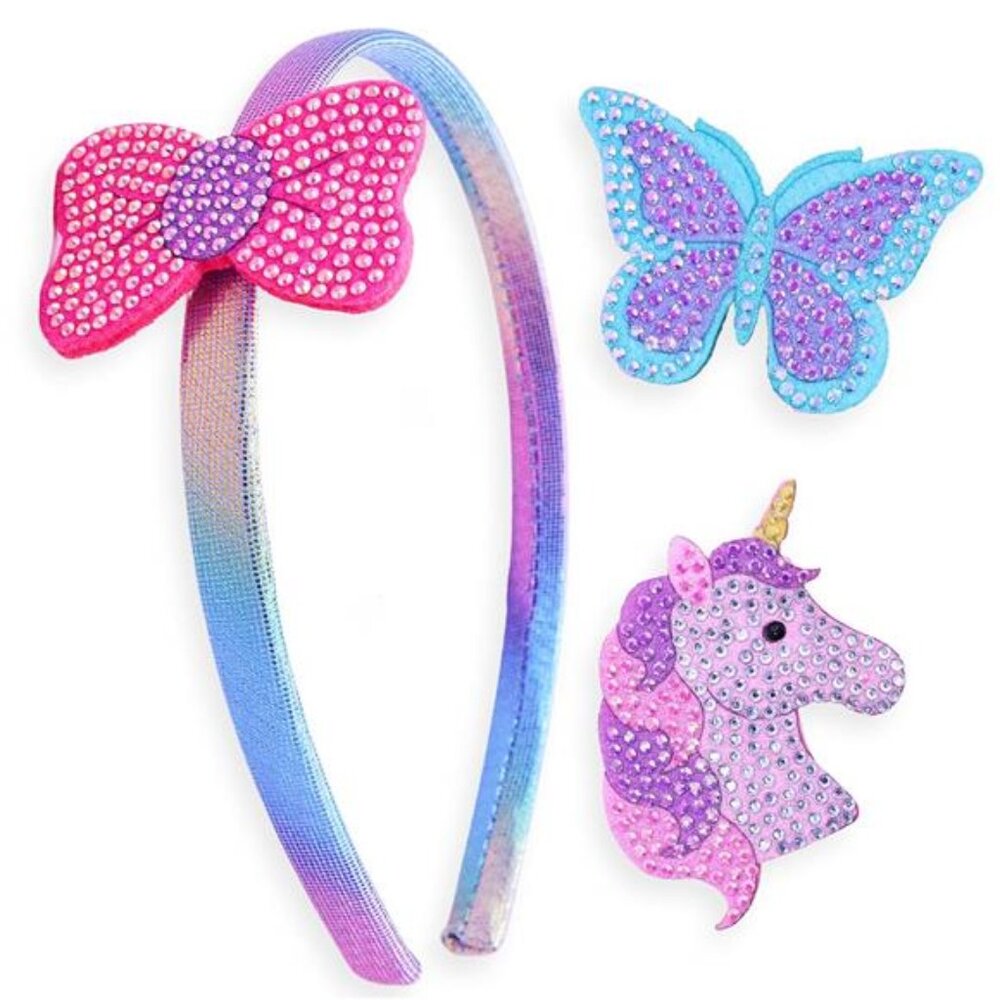 Girls Charm Headband Set Rhinestone Unicorn Butterfly Bow Clips Shimmer Hair Ban